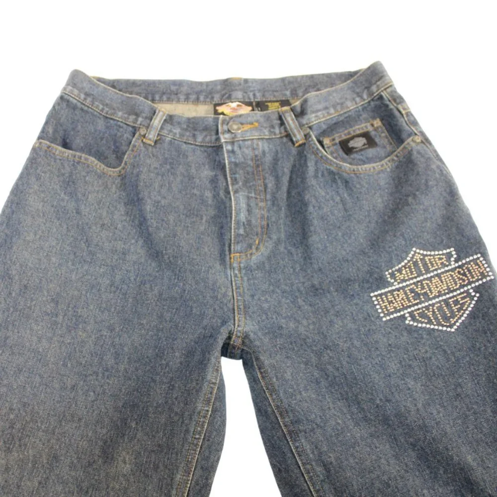 Harley Davidson Classic Blue Wash Logo Studded Boot/Flare Jeans, Size 12